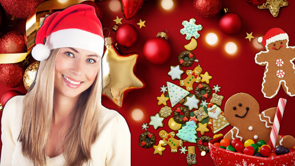 In questa immagine, vediamo una ragazza bionda che indossa un cappello da Babbo Natale, pronta per il pranzo di Natale. Sullo sfondo, decorazioni natalizie e un albero fatto di biscotti e dolci.