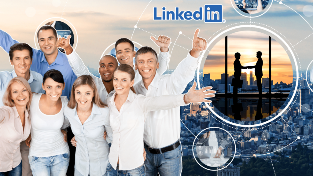 In questa immagine ci sono 9 persone che sono abbracciate e fanno un segno di vittoria, sono sorridenti. In alto c'è il logo di LinkedIn e sullo sfondo si vede una città ed alcuni cerchi all'interno dei quali c'è un'immagine che raffigura persone che si stringono la mano.
