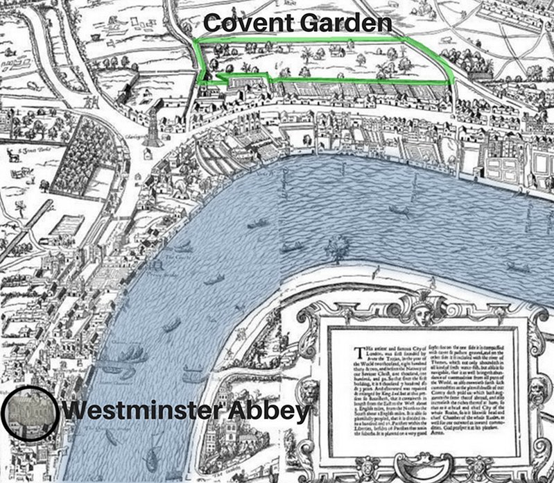 Una mappa di Covent Garden risalente al 1560 con il muro di cinta segnato in verde e l'Abbazia di Westminster all'interno del cerchio nero. Documento scoperto presso la British Library.